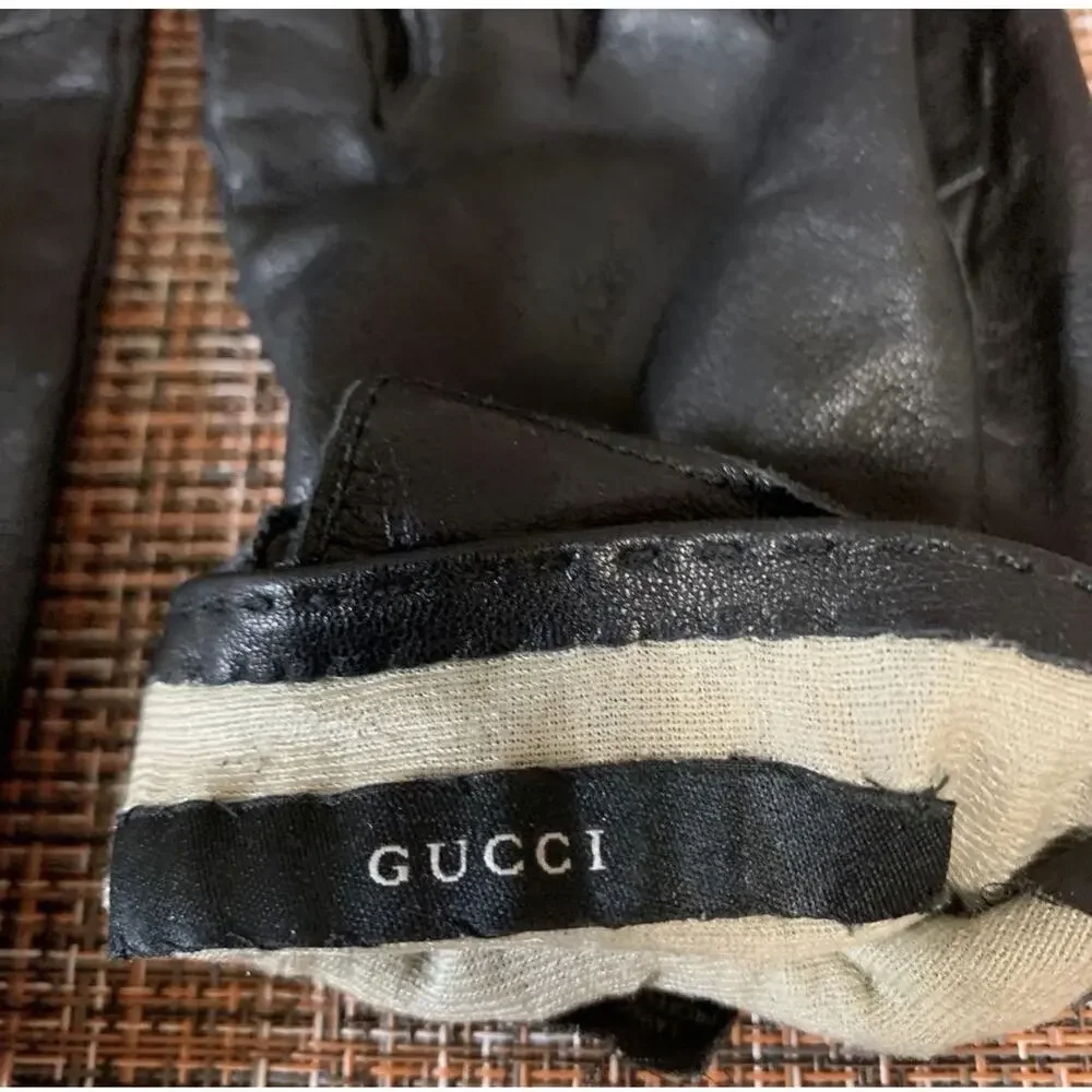 GUCCI RARE Lion Shaped Gold Embellishments Black Leather Gloves Size 8 Authentic - Picture 5 of 5